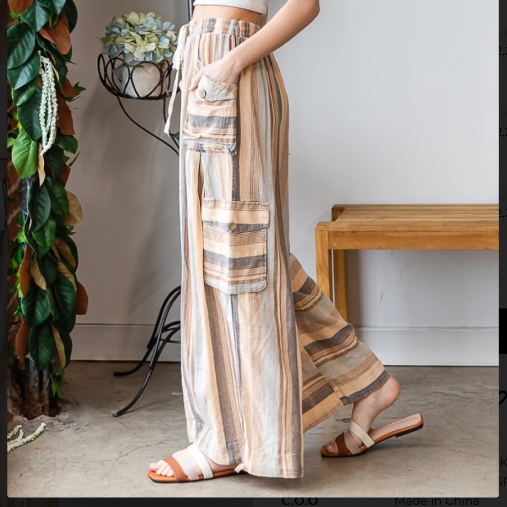 OLI & HALI WASHED 3D STRIPE WIDE LEG CARGO PANTS WOMEN’S SUMMER CARGO PANTS #109 - Picture 4 of 5